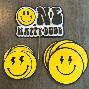 ONE Happy Dude birthday decorations, cake topper, and cut outs